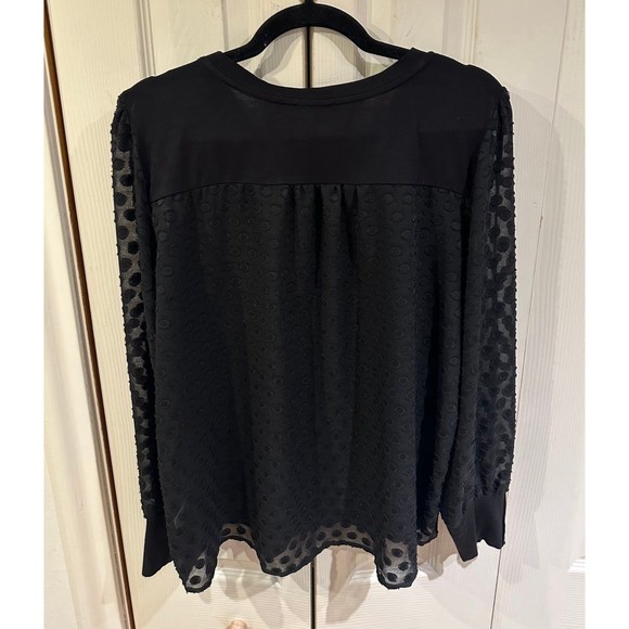 Skies Are Blue Black Knit Clip Dot Sheer Back Chiffon Sleeves Button Cuff Blouse - Picture 10 of 12